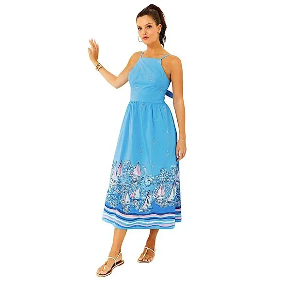 Lilly Pulitzer Charlese Cotton Halter Midi Dress in Lunar Blue NWT - Size 6 - Picture 2 of 9